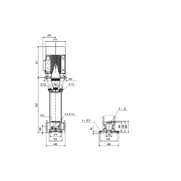 Вертикальный многоступенчатый центробежный насос Grundfos CR 125-1 A-F-A-V-HQQV артикул 99142581 – габаритный чертеж