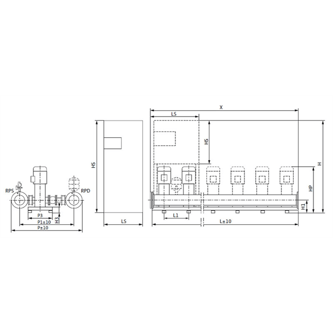 Габаритный чертеж насосной станции Wilo COR-4 HELIX V 1604/Skw-EB-R