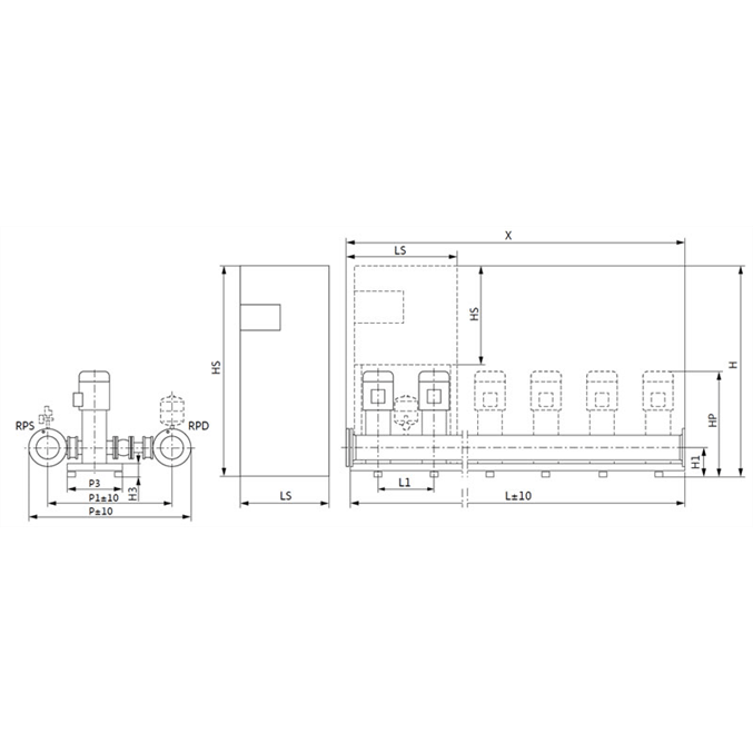 Габаритный чертеж насосной станции Wilo COR-4 MVI 7004/2/SKw-EB-R