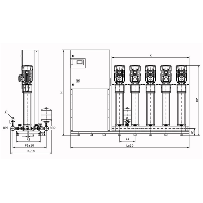 Габаритный чертеж насосной станции Wilo COR-5 HELIX V 615/CC-EB-R